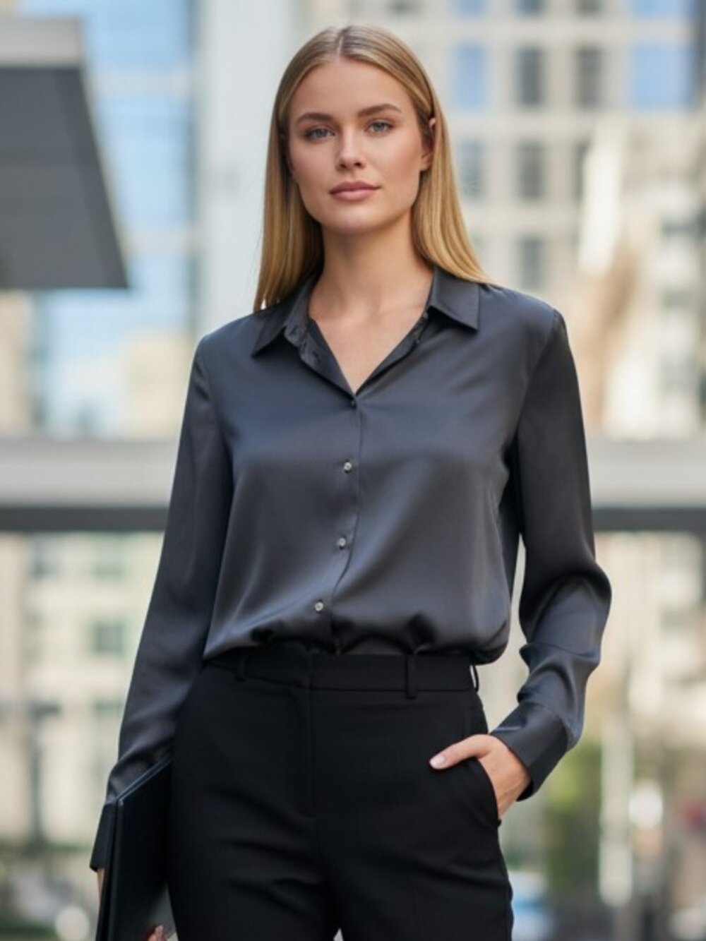 Madewell Darted Satin Button-Up Shirt Charcoal Gray Ecovero sz 2 Polished